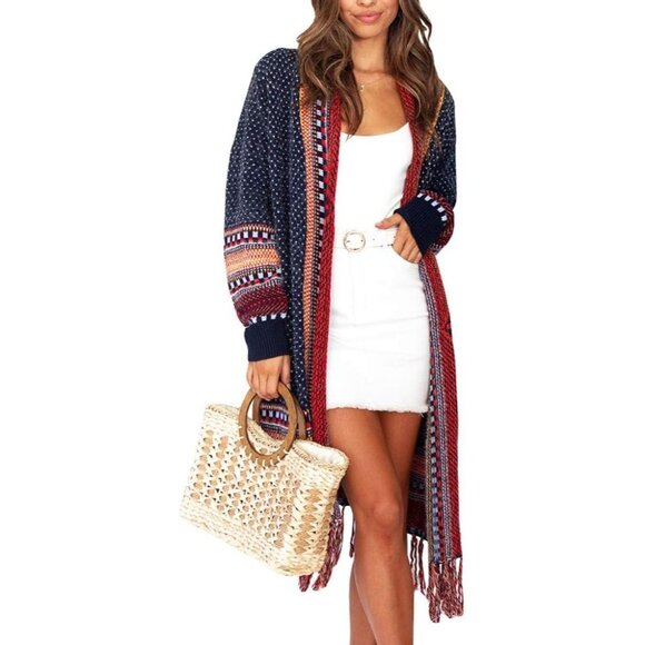 CCC Bohemian Aztec Tribal Print Knit Cardigan Fringe Multicolor Pattern Sweater - Picture 6 of 12